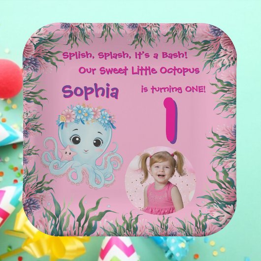 Schattigee grillige bloemenoctopus meisjesverjaard papieren bordje