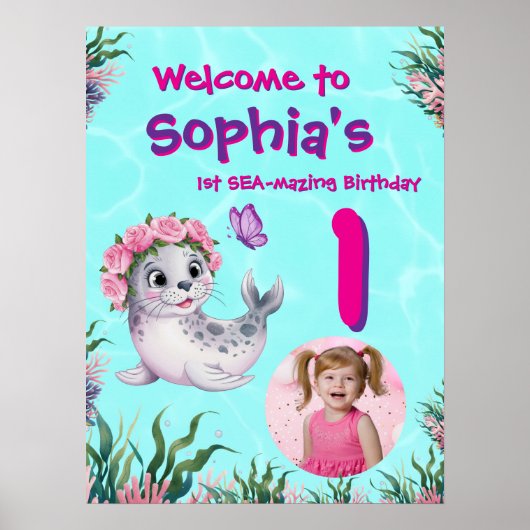 Schattigee grillige bloemensealion verjaardag welk poster (Voorkant)