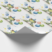 Schattigee grillige groene kikker met ballonnen cadeaupapier (Hoek)