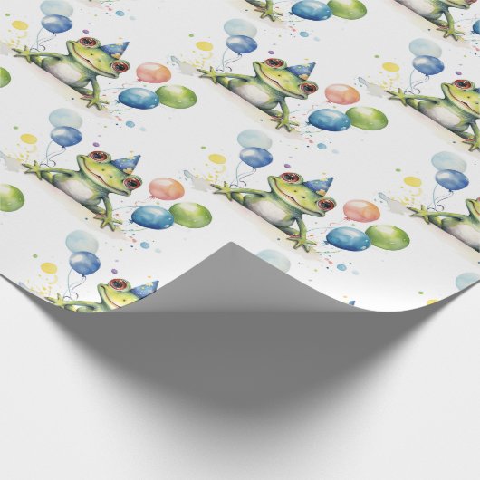 Schattigee grillige groene kikker met ballonnen cadeaupapier (Hoek)