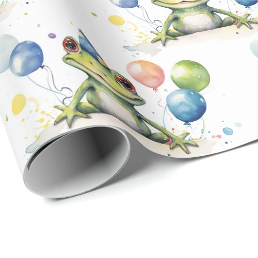 Schattigee grillige groene kikker met ballonnen cadeaupapier (Rol Hoek)