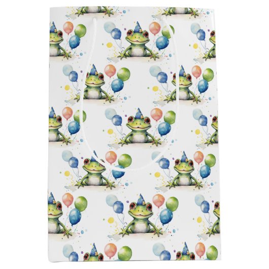 Schattigee grillige groene kikker met ballonnen medium cadeauzakje (Voorkant)