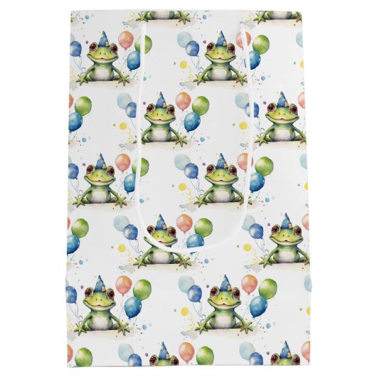 Schattigee grillige groene kikker met ballonnen medium cadeauzakje (Achterkant)