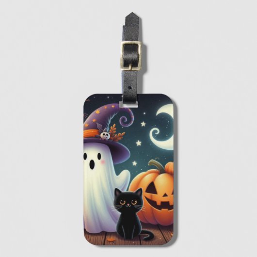 Schattigee, grillige Halloween pompoen, kat en gee Bagagelabel (Voorkant (verticaal))