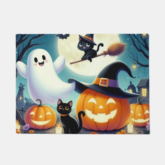 Schattigee, grillige Halloween pompoen, kat en gee Deurmat (Voorkant)