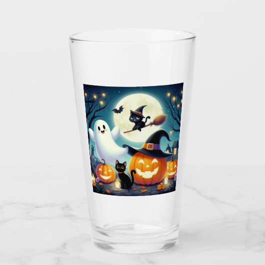 Schattigee, grillige Halloween pompoen, kat en gee Glas (Voorkant)