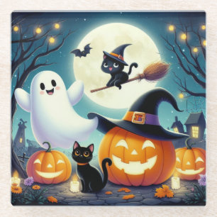 Schattigee, grillige Halloween pompoen, kat en gee Glazen Onderzetter