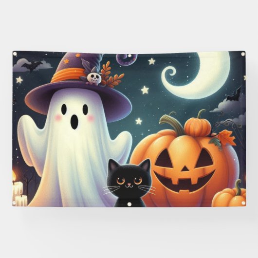 Schattigee, grillige Halloween pompoen, kat en gee Spandoek (Horizontaal)