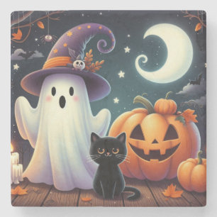 Schattigee, grillige Halloween pompoen, kat en gee Stenen Onderzetter