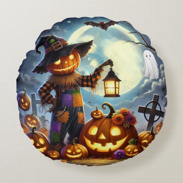 Schattigee, grillige Halloween vogelverschrikker & Rond Kussen (Voorkant)