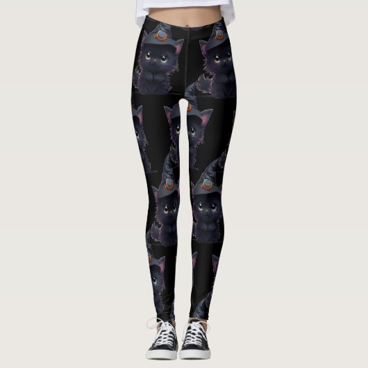 Schattigee grillige Halloween zwarte kat Leggings (Voorkant)