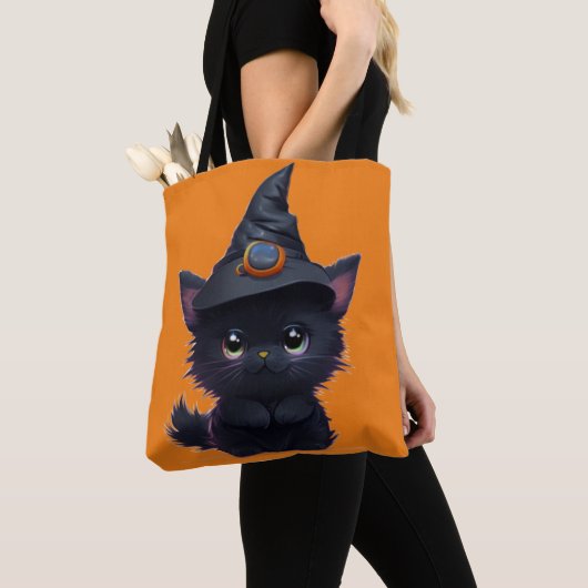 Schattigee grillige Halloween zwarte kat Tote Bag (Dichtbij)