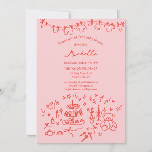 Schattigee grillige hand getekend roze rood Baby s Kaart (Voorkant)