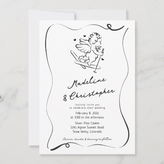 Schattigee grillige hand getrokken cupido ski foto kaart (Voorkant)