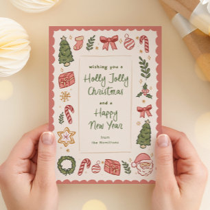 Schattigee grillige handgetekende kerstpictogramme feestdagenkaart