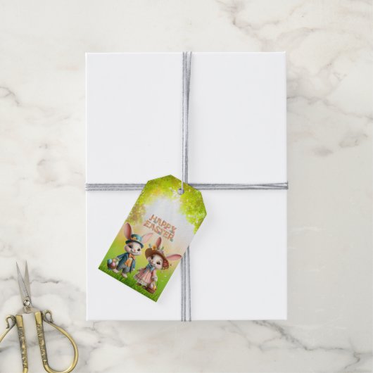 Schattigee, grillige Happy Easter met 2 konijnen Cadeaulabel (Met Touw)