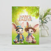 Schattigee, grillige Happy Easter met 2 konijnen Feestdagenkaart (Staand voorkant)