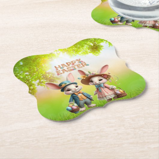 Schattigee, grillige Happy Easter met 2 konijnen Kartonnen Onderzetters (Gekanteld)
