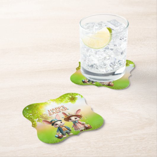 Schattigee, grillige Happy Easter met 2 konijnen Kartonnen Onderzetters (Insitu)
