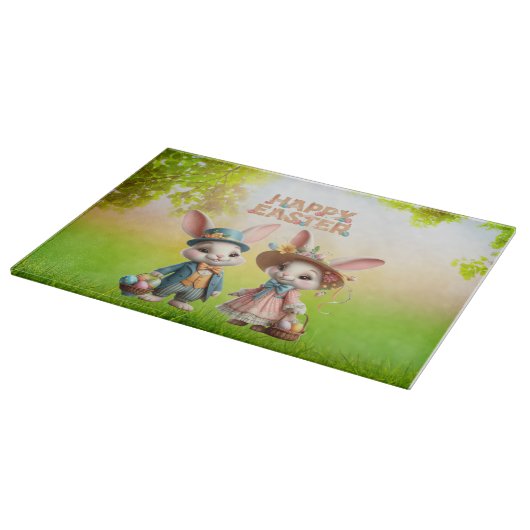 Schattigee, grillige Happy Easter met 2 konijnen Snijplank (Hoek)
