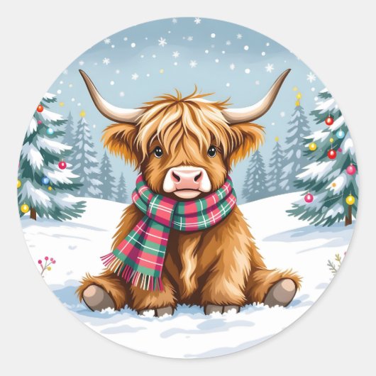 Schattigee grillige Highland Koe kerst Ronde Sticker (Voorkant)