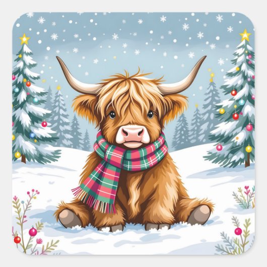 Schattigee grillige Highland Koe kerst Vierkante Sticker (Voorkant)