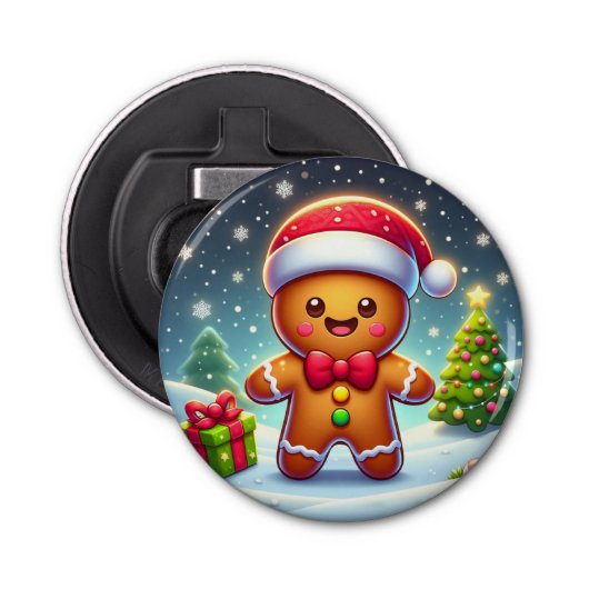 Schattigee grillige kerst/winter peperkoek man button flesopener (Voorkant)