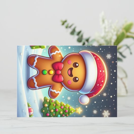 Schattigee grillige kerst/winter peperkoek man feestdagenkaart (Staand voorkant)