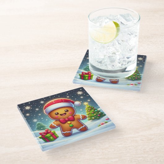 Schattigee grillige kerst/winter peperkoek man glazen onderzetter (Schuin)