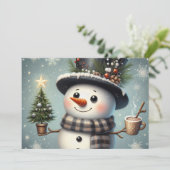 Schattigee grillige kerst/wintersneeuwman feestdagenkaart (Staand voorkant)