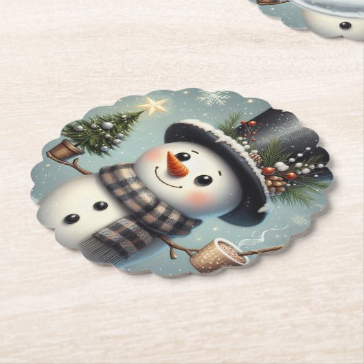 Schattigee grillige kerst/wintersneeuwman kartonnen onderzetters (Gekanteld)
