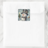 Schattigee grillige kerst/wintersneeuwman vierkante sticker (Tas)