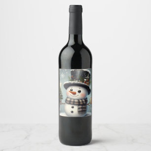 Schattigee grillige kerst/wintersneeuwman wijn etiket