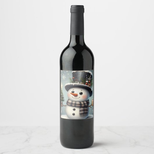 Schattigee grillige kerst/wintersneeuwman wijn etiket (Voorkant)