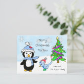 Schattigee grillige kerstpinguïn en -vogel briefkaart (Staand voorkant)
