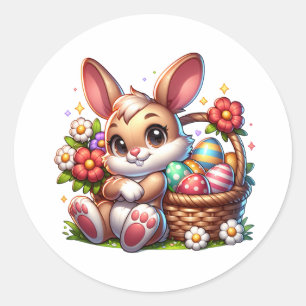 Schattigee grillige paashaas met mand ronde sticker