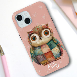 Schattigee grillige pastel patchwork uil aangepast iPhone 15 case