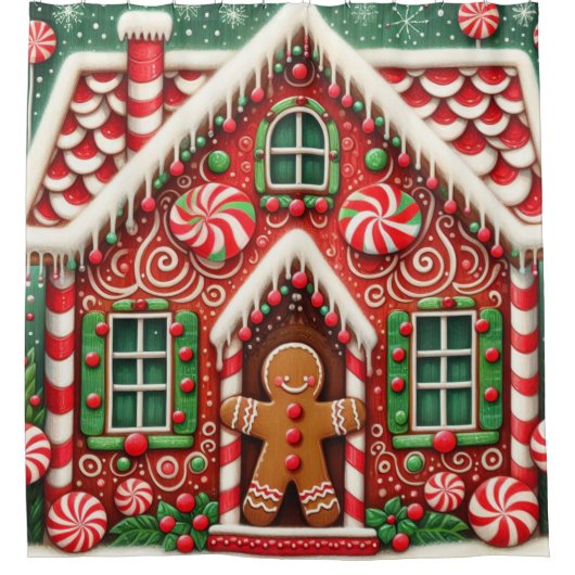 Schattigee, grillige peperkoek man & huis douchegordijn (Voorkant)