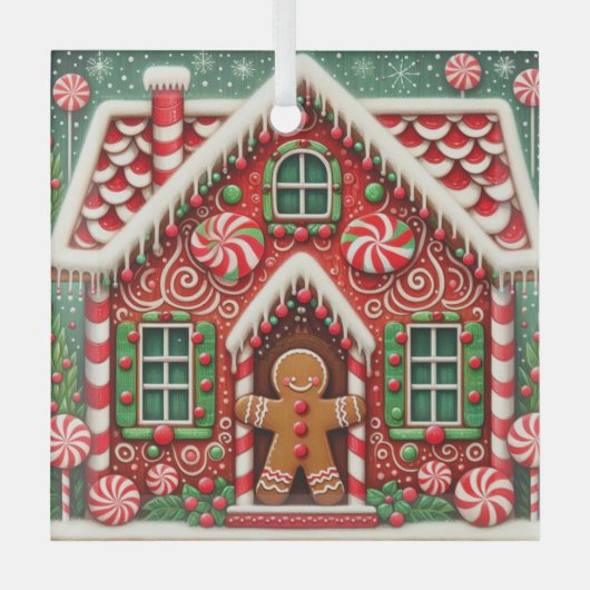 Schattigee, grillige peperkoek man & huis glas ornament (Voorkant)