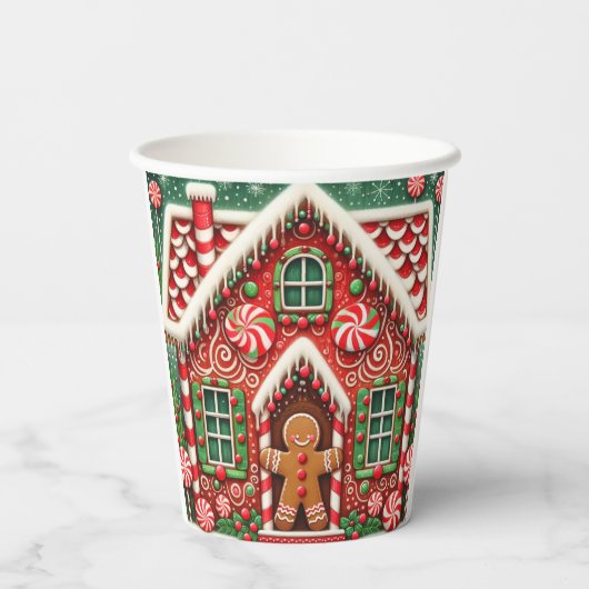 Schattigee, grillige peperkoek man & huis papieren bekers (Achterkant)