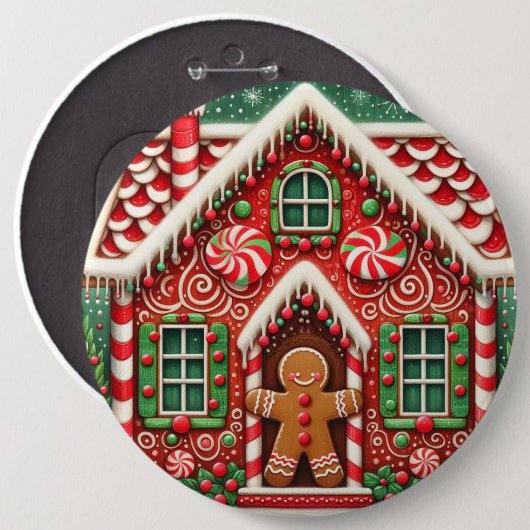 Schattigee, grillige peperkoek man & huis ronde button 6,0 cm (Voorkant /achterkant)