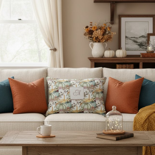 Schattigee grillige pompoenen en bloemen monogram accent kussen (Creator heeft geüpload)