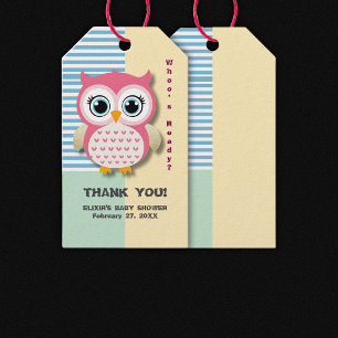 Schattigee grillige roze uil Baby shower Cadeaulabel