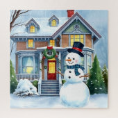 Schattigee grillige sneeuwman in de voortuin kerst legpuzzel (Verticaal)