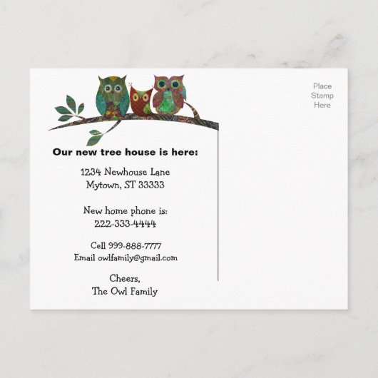 Schattigee grillige uilen adreswijziging aankondigingskaart (Achterkant)