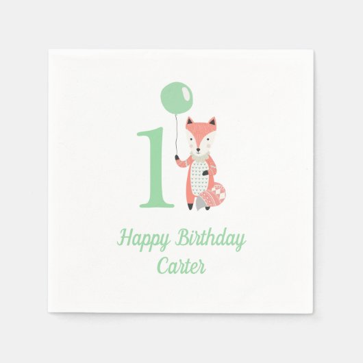 Schattigee grillige vos & ballon groen 1e verjaard servet (Voorkant)