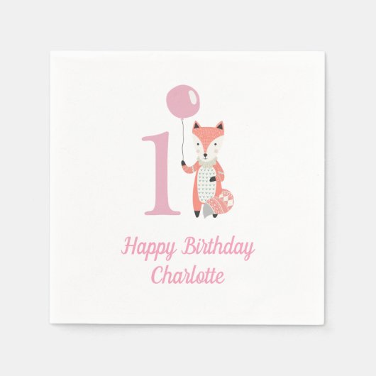 Schattigee grillige vos & ballon roze 1e verjaarda servet (Voorkant)