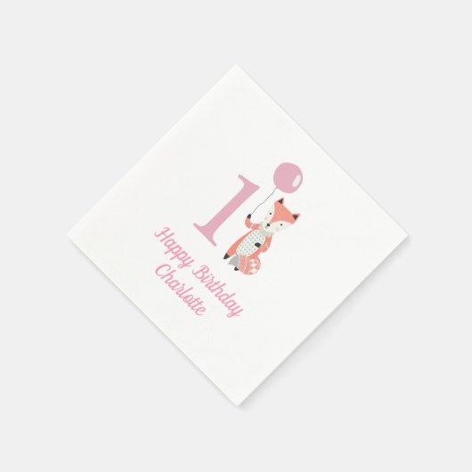 Schattigee grillige vos & ballon roze 1e verjaarda servet (Hoek)