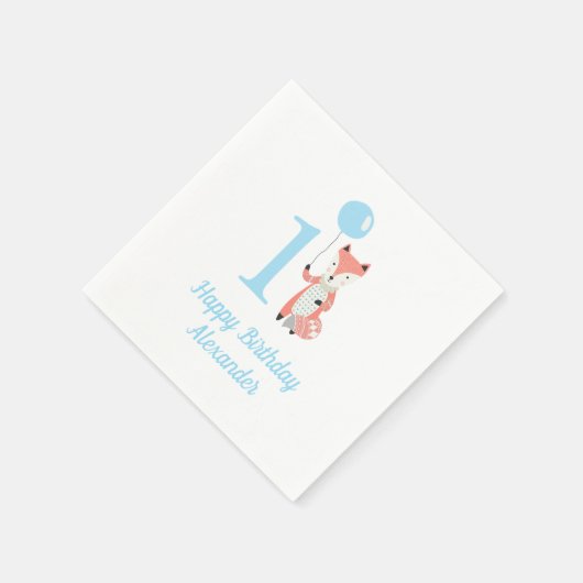Schattigee grillige vos & ballonblauw 1e verjaarda servet (Hoek)