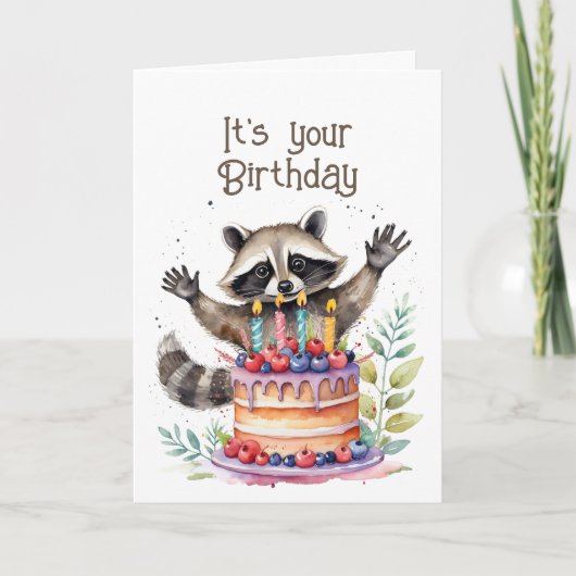 Schattigee grillige wasbeer Verjaardag Eet de taar Feestdagen Kaart (Voorkant)